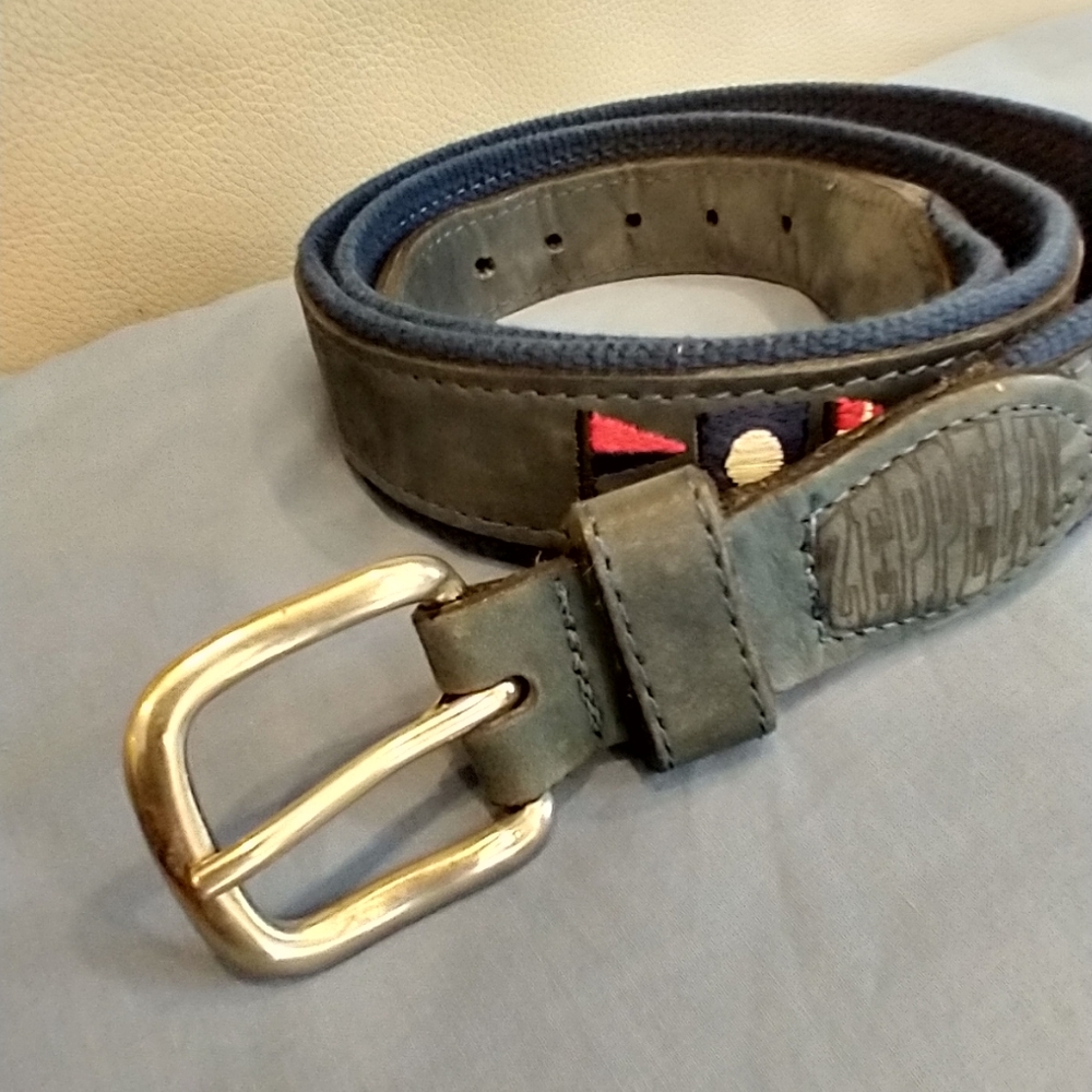 Size 40 made in USA Zeppelin Blue fabric belt with sailing nautical flags silver